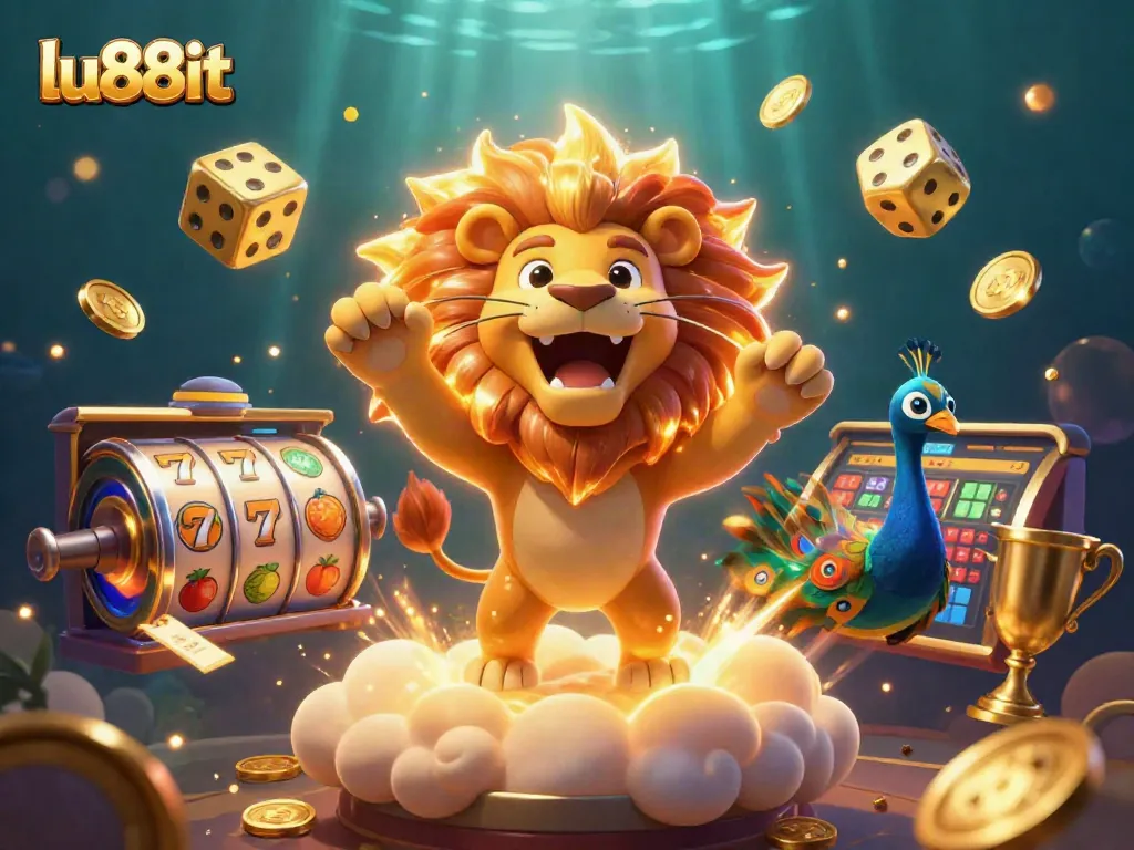 Experience thrilling gaming with lu88it in this vibrant 3D casino illustration featuring dynamic slot elements.
