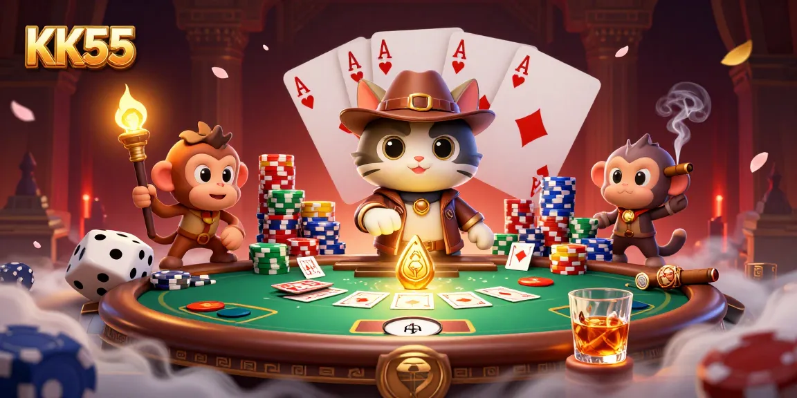KK55 casino exploration: a cartoon cat and monkey in treasure-filled temple, discovering gaming treasures.