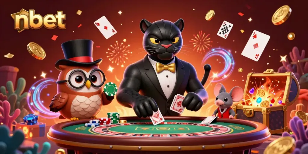 Experience nbet gaming with lively characters and casino elements, showcasing vibrant and engaging visuals.