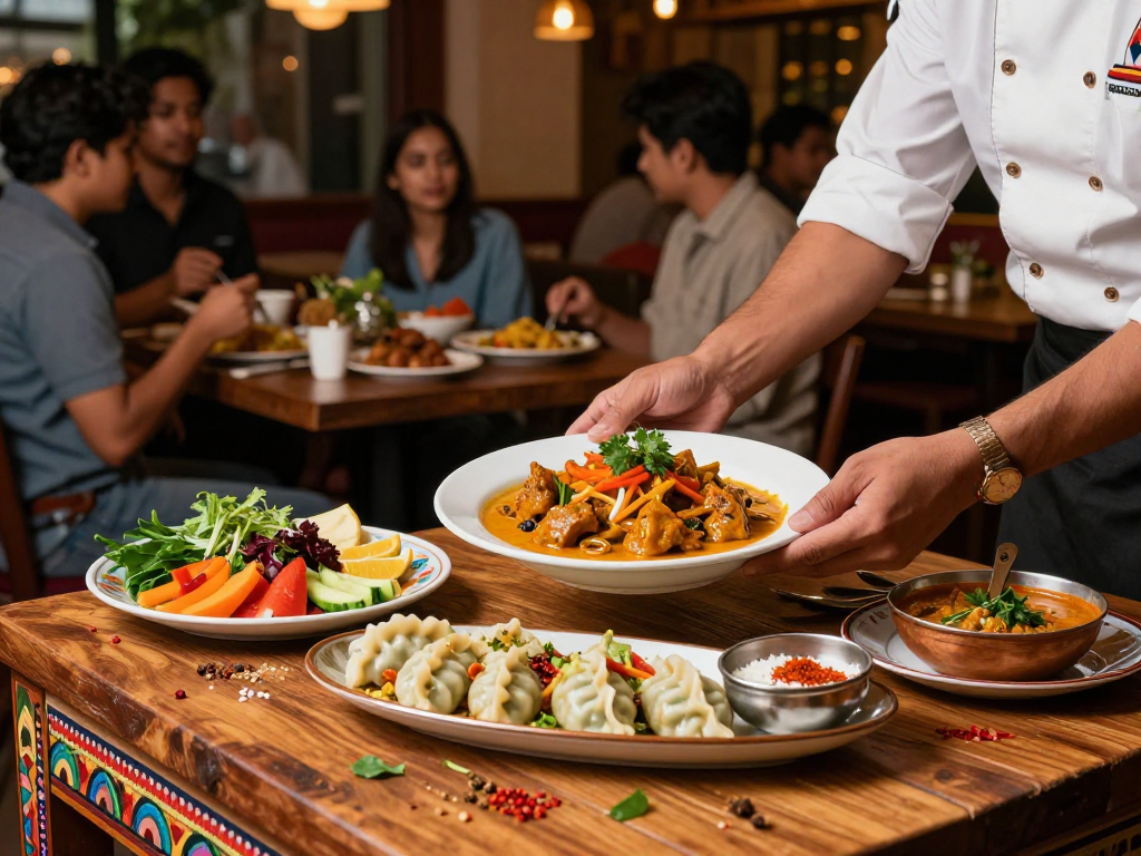 Delicious rokok88 Indian curry and Nepali momo served in a bustling restaurant