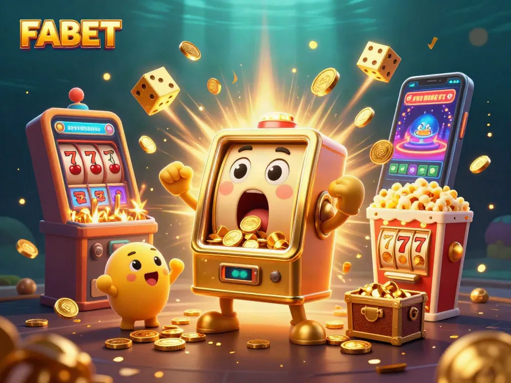 FABET slots jackpot scene with golden slot machines and festive elements celebrating big wins.