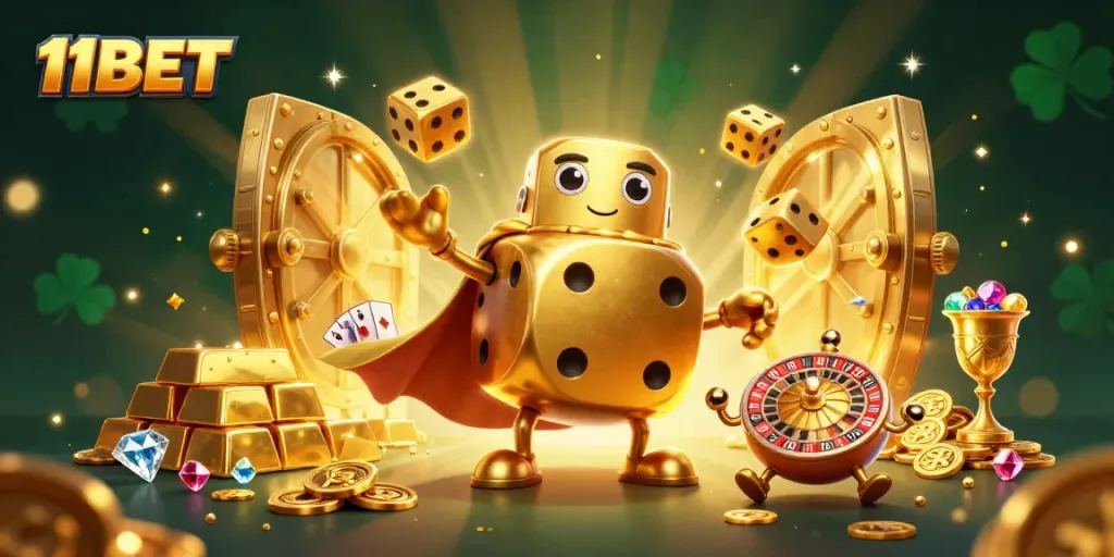 Experience thrilling wins at 11BET with vibrant casino-themed treasures bursting in 3D.