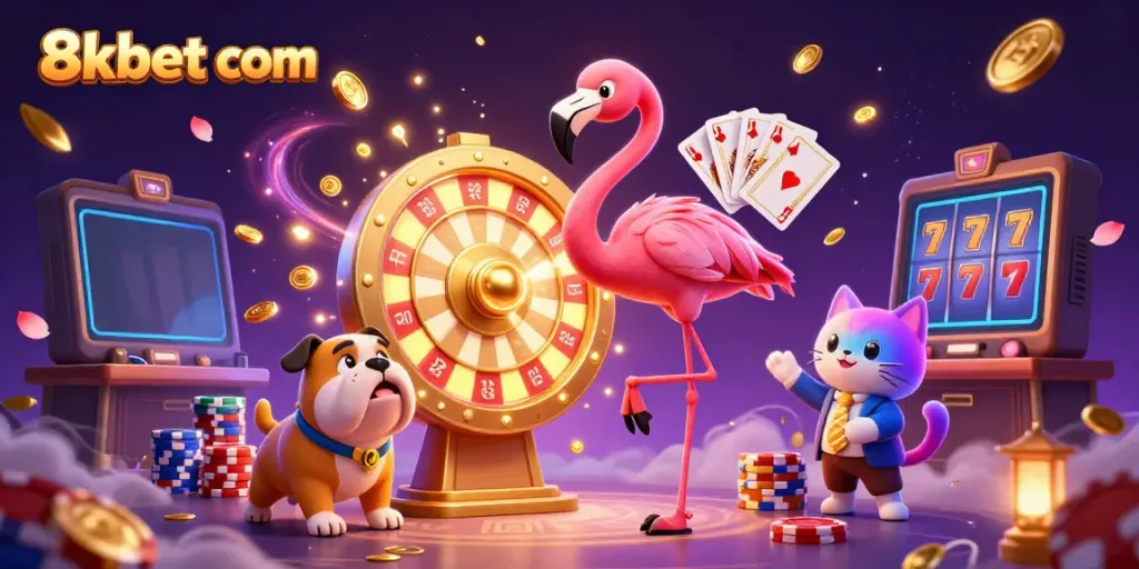 Experience the excitement of 8xbet com with a vibrant casino scene featuring a golden prize wheel, thrilling characters, and winning moments.