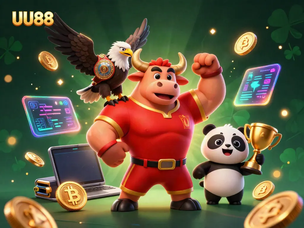 UU88 gambling characters celebrate a win with Bitcoin and Ethereum elements amidst casino-themed visuals.