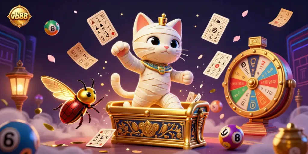 Experience thrilling moments at vb88 with a vibrant 3D casino scene featuring a mummy cat, scarab beetle, and lottery elements.