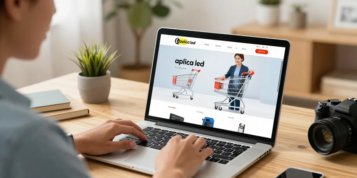 An engaging e-commerce scene featuring "aplica led" products, showcasing online shopping deals and reviews for buyers.