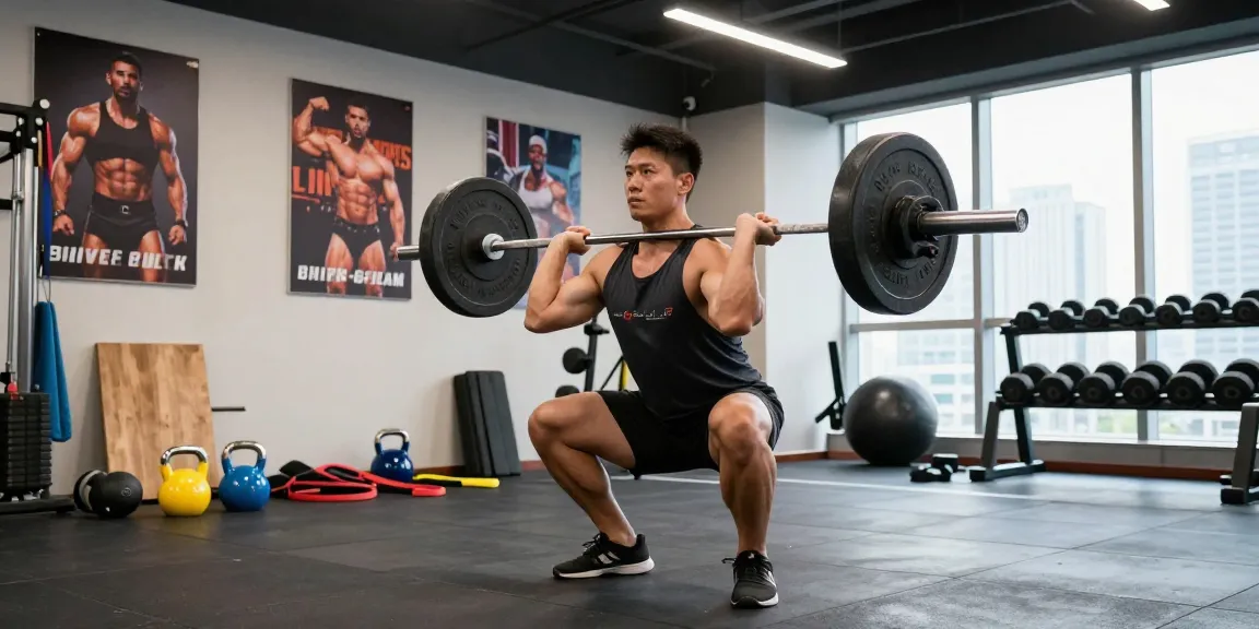 Prime Pharma Steroids bodybuilding in een moderne gym met een atleet die squats doet.