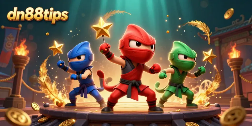 Engage in vibrant casino action with dn88tips, featuring colorful characters in martial arts poses.
