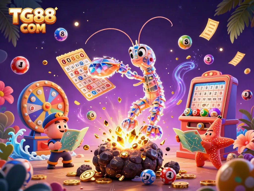Experience the excitement of TG88 COM with dynamic casino elements in a vibrant 3D illustration.
