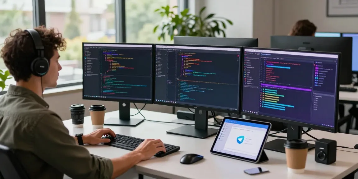 Download Telegram on a modern workspace with multiple screens and tech gadgets, showcasing a creative development environment.