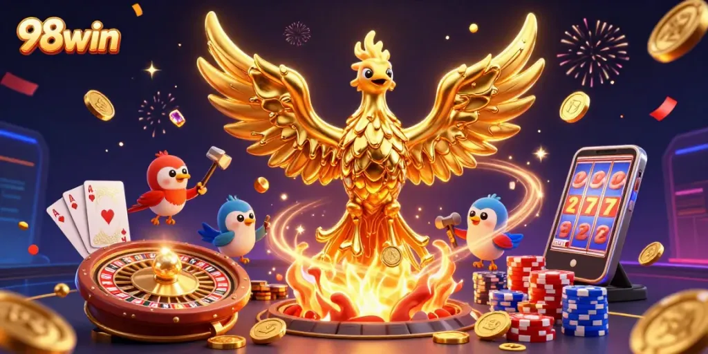 Win with 98win's vibrant casino scene featuring molten golden phoenix and dynamic gaming elements.