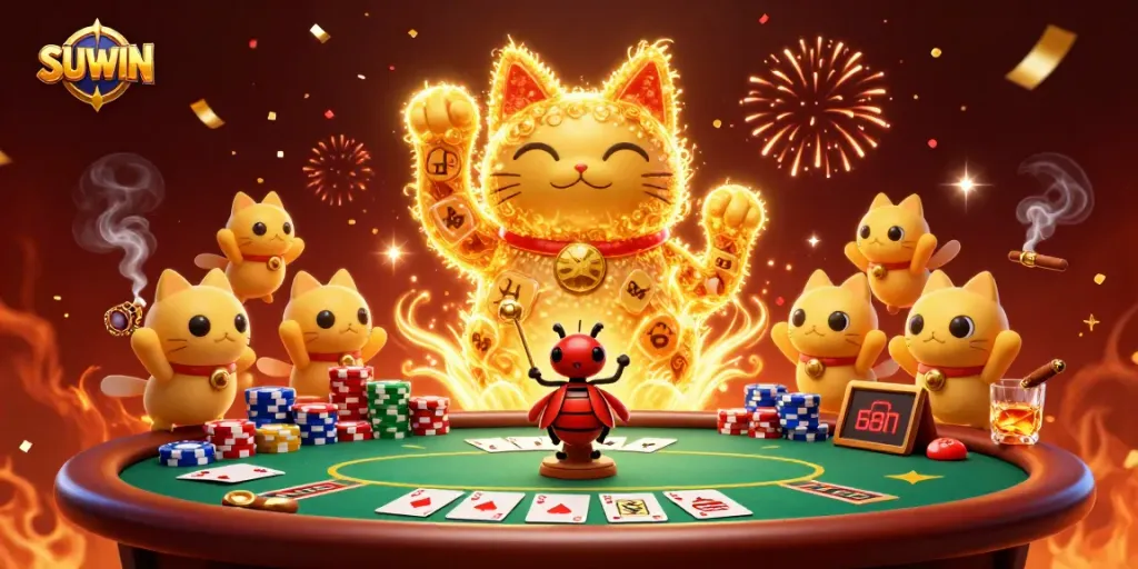 Suwin celebrates gaming with a whimsical lucky cat and vibrant casino elements creating an energetic atmosphere.
