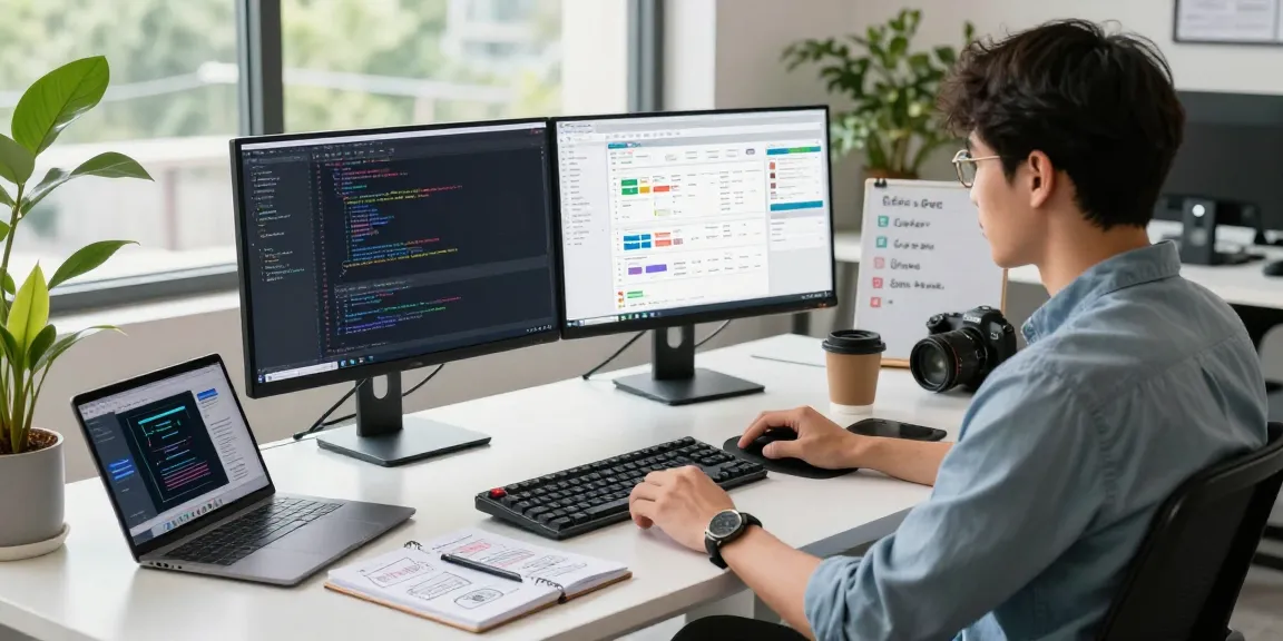 Download WPS Office in a modern tech workspace with dual monitors and a laptop design interface.
