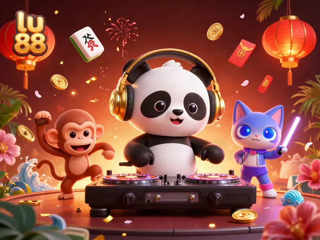 Experience the excitement of lu 88 as a DJ panda spins roulette wheels, surrounded by festive elements.
