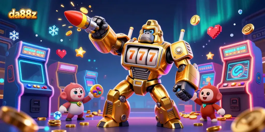 Experience thrilling action with da88z's golden gorilla mech bursting with coins and slot machine graphics.