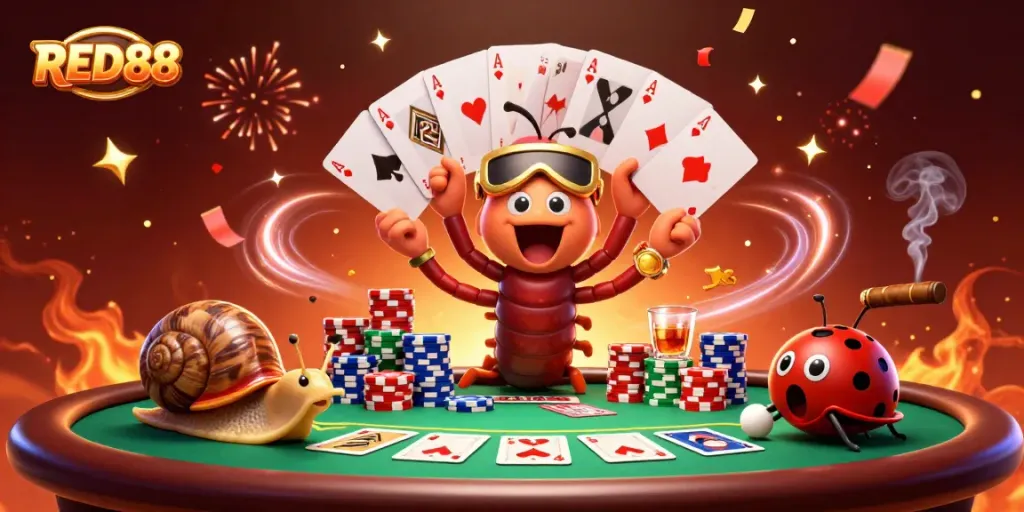 Experience the thrill of RED88 with colorful poker action and dynamic characters in a lively casino setting.