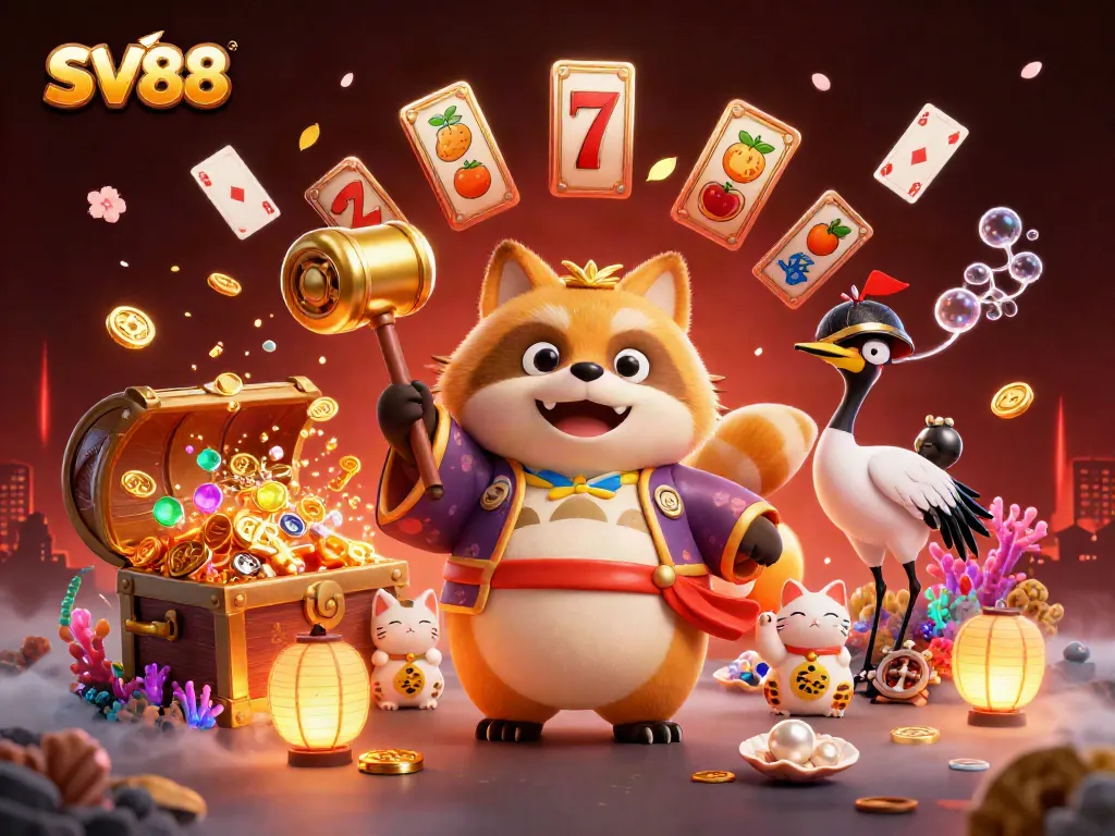 Feel the excitement at SV88 with a cheerful tanuki and a crane in a dazzling casino scene.