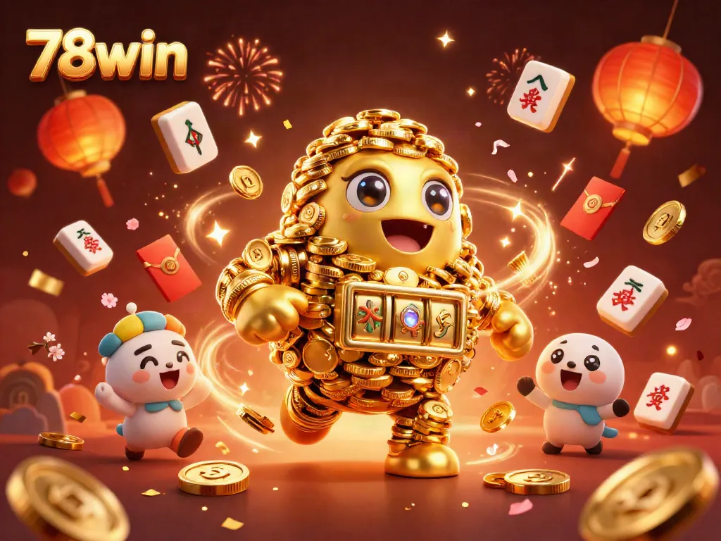 Experience the excitement of 78win with a golden golem surrounded by mahjong tiles and festive confetti.