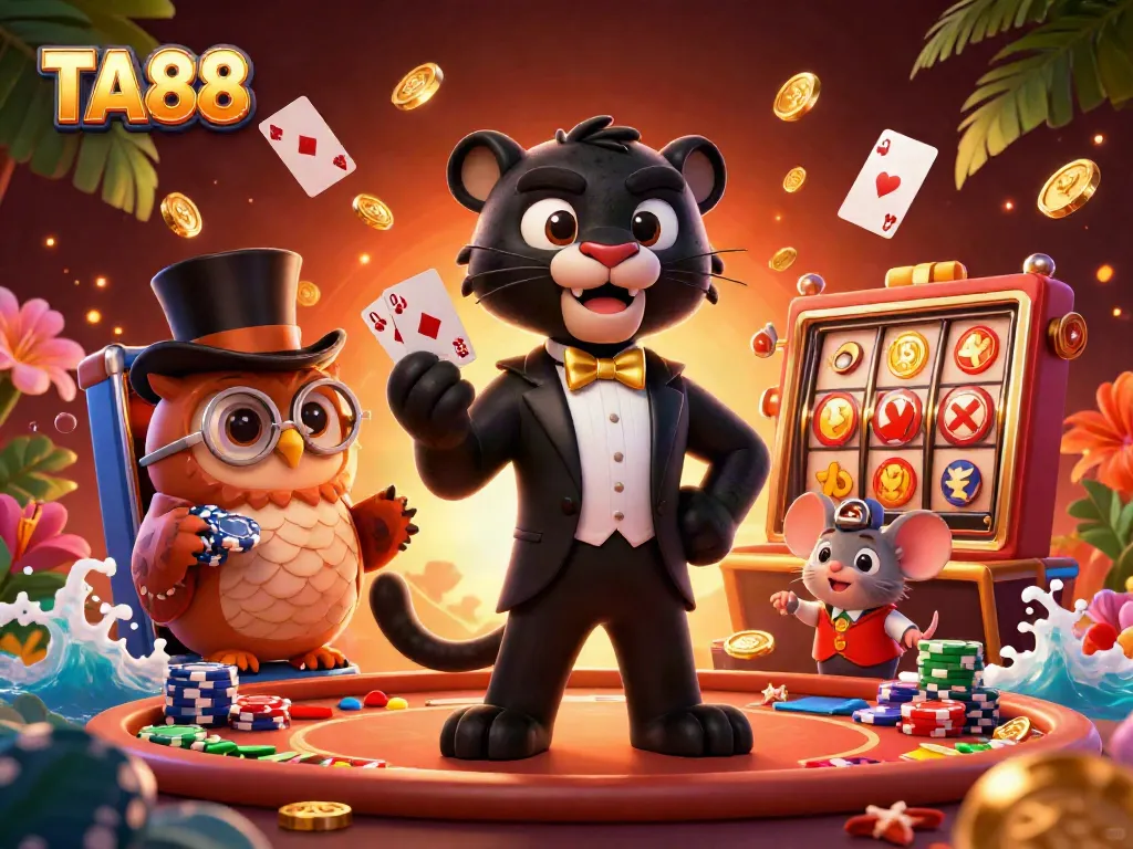 TA88 offers exciting gameplay as a stylish panther deals cards at a vibrant casino.