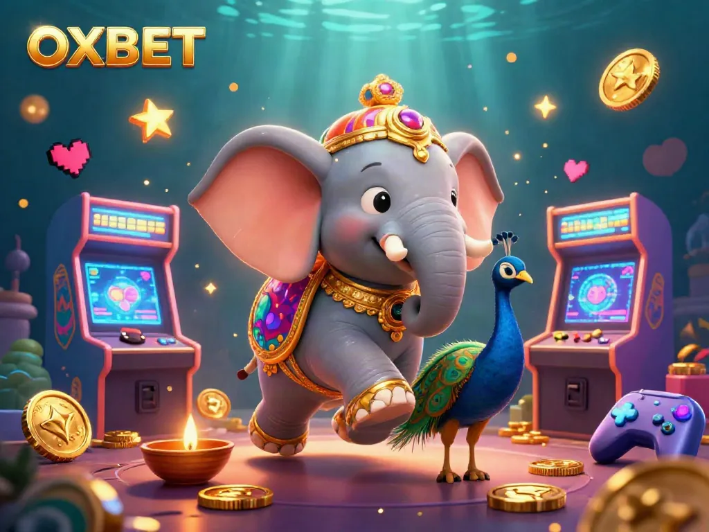 Play exciting games at OXBET with a vibrant, colorful 3D illustration showcasing carnival elements.