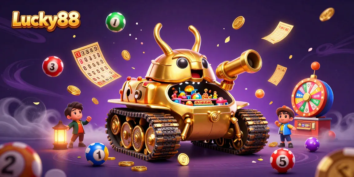 Experience the excitement of Lucky88 with a vibrant casino scene featuring a golden beetle tank bursting with fun.