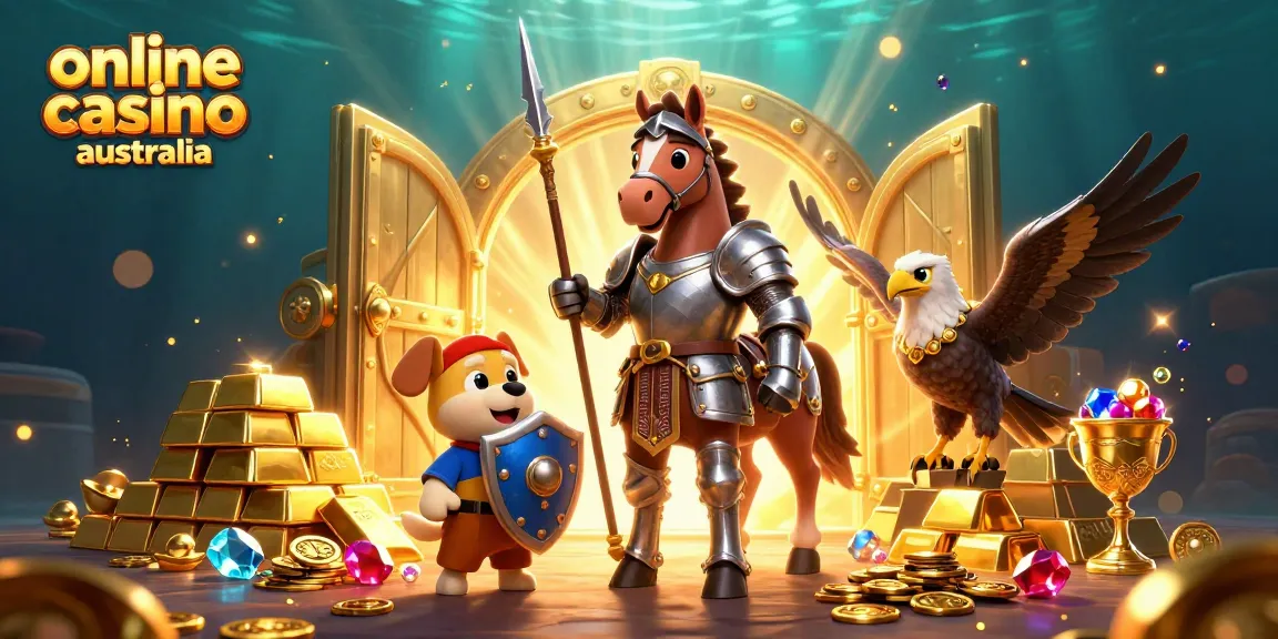 Engage in vibrant gameplay at an online casino Australia with a knight, dog, and falcon amidst gold.