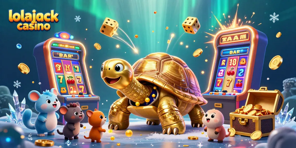 Experience thrilling gameplay at Lolajack Casino with vibrant slot explosions and a dynamic tortoise character.