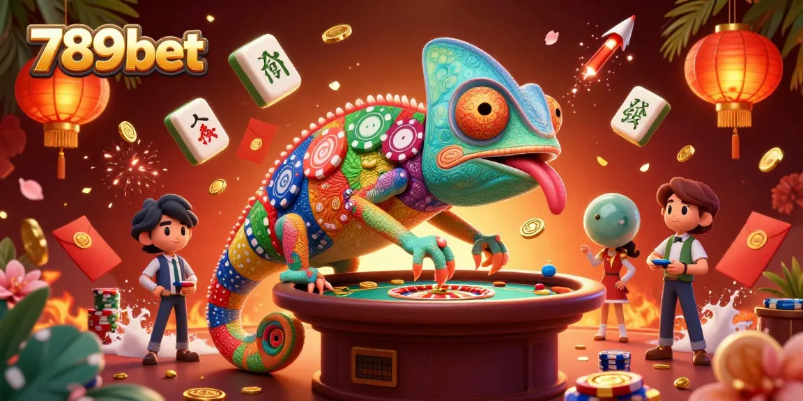 Engaging 3D illustration of 789bet, featuring vibrant casino elements and a chameleon themed character.