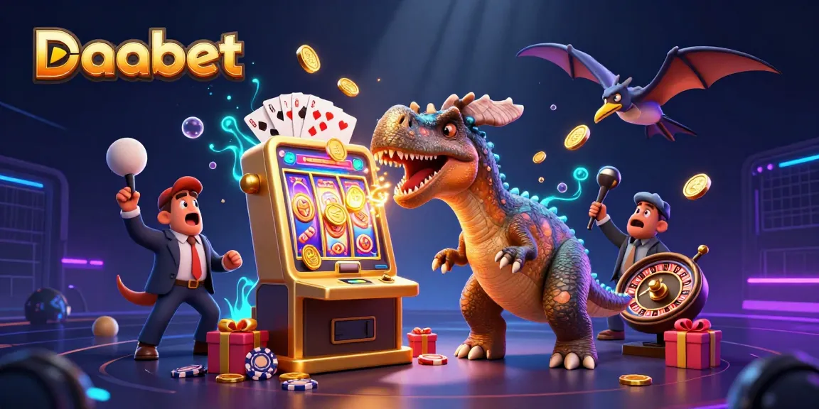 Dabet showcases a vibrant scene with cartoon dinosaurs at a slot machine, capturing the excitement of online gaming.