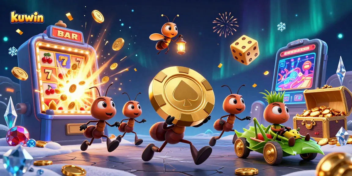 Kuwin showcases ants heisting a giant poker chip amidst casino elements, enhancing the gambling spirit.