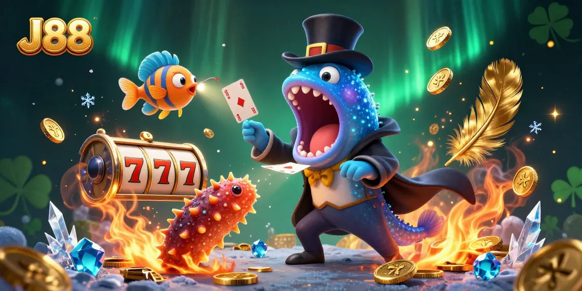 Engage with J88's vibrant casino scene featuring a magical underwater act and slot elements.