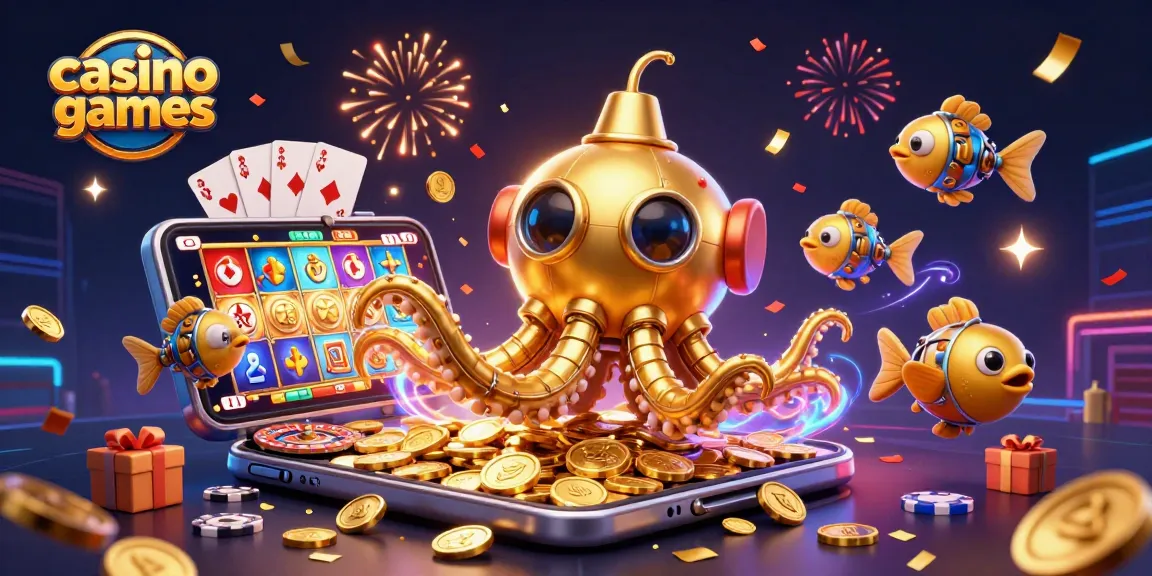 Experience casino games with a golden kraken submarine amidst coins and vibrant slot visuals.