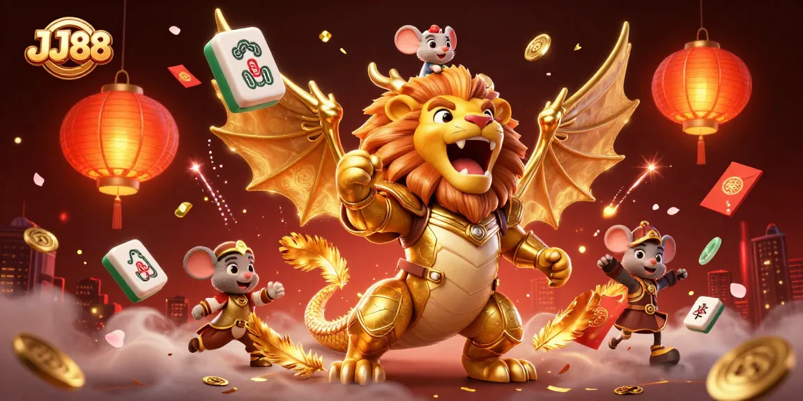 Experience winning moments at JJ88 casino with vibrant 3D chimera and gaming elements.