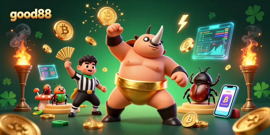 Experience the fun of good88 with a vibrant 3D illustration of characters and casino elements.