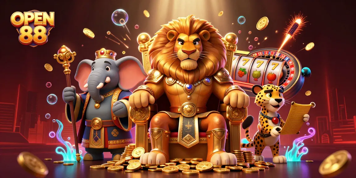 Experience the thrill of winning at OPEN 88 with vibrant casino elements and characters.