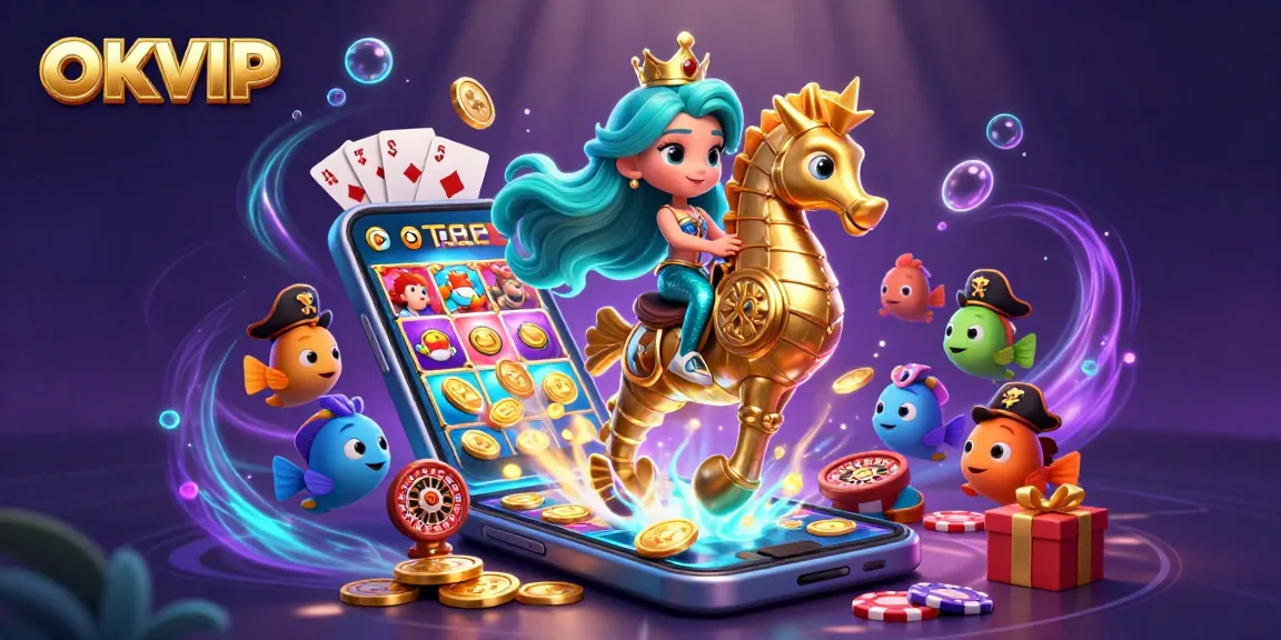 Engage with OKVIP to experience a thrilling underwater casino adventure with vibrant mermaid and seahorse.